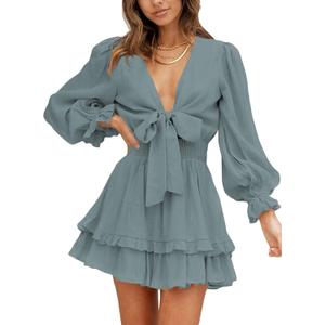 Dokotoo Womens Casual Spring Fall 2025 Deep V Neck Knotted Tiered Chiffon Elegant Mini Short Swing Skater Dresses