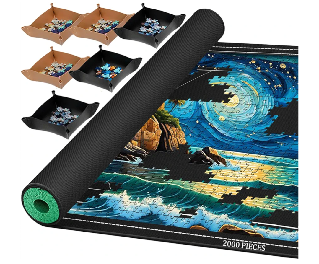 Jigsaw Puzzle Mat Roll Up, Portable Saver Pad 48” x 31” Up to 2000 Pieces, Puzzles Matt Rollup with Non-Slip Rubber Bottom & Smooth Top. (6 Puzzle Sorting Trays & 1 Storage Bag)