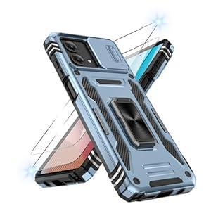 for Motorola Moto-G-Stylus-5G-2023 Case with [2Pcs] HD Screen Protector, [Military Grade Shockproof] & Slide Camera Cover, 360° Rotated Ring Kickstand Protective Cover, Light Blue
