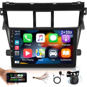 [2G+32G] Car Radio for Toyota Vios Yaris 2007 2008 2009 2010 2011 2012, 9 inch Android Touch Screen Stereo, Carplay/Android Auto/WiFi/1080P/SWC/Bluetooth+AHD Backup Camera+MIC
