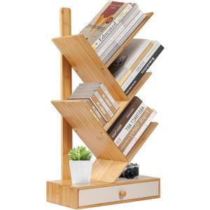 4 Tier Tree Bookshelf with Drawer, Small Bookcase, Desktop Bookshelf Floor Standing Bookcase Display for Living Room, Bedroom, Natural