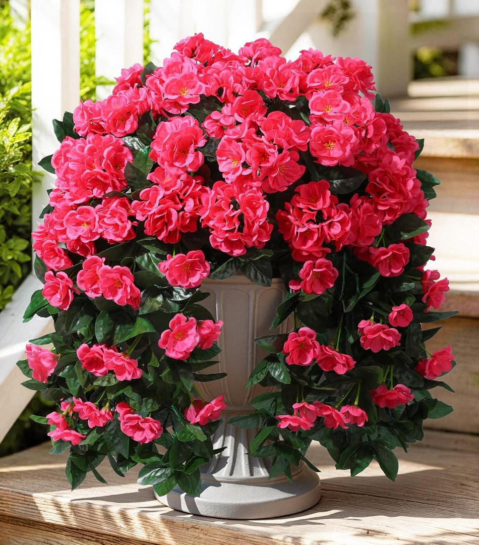 Faux Geraniums Artificial Flowers for Outdoors Summer Porch Outside Decor, 2PCS Hotpink Silk Geraniums Vines Fake Hanging Plants UV Resistant Look Real for Outdoor Planters Patio Garden Balcony Home