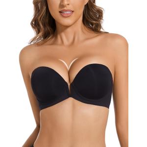 Upushall Strapless Bra Push Up Non Slip Deep V Plunge Underwire Bras for Women Super Padded Add 1 Cup (Black)