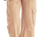 Cargo Pants for Women Low Rise Drawstring Waist 7 Pockets Hiking Work Wide Leg Pants with Zipper Button Closure Khaki