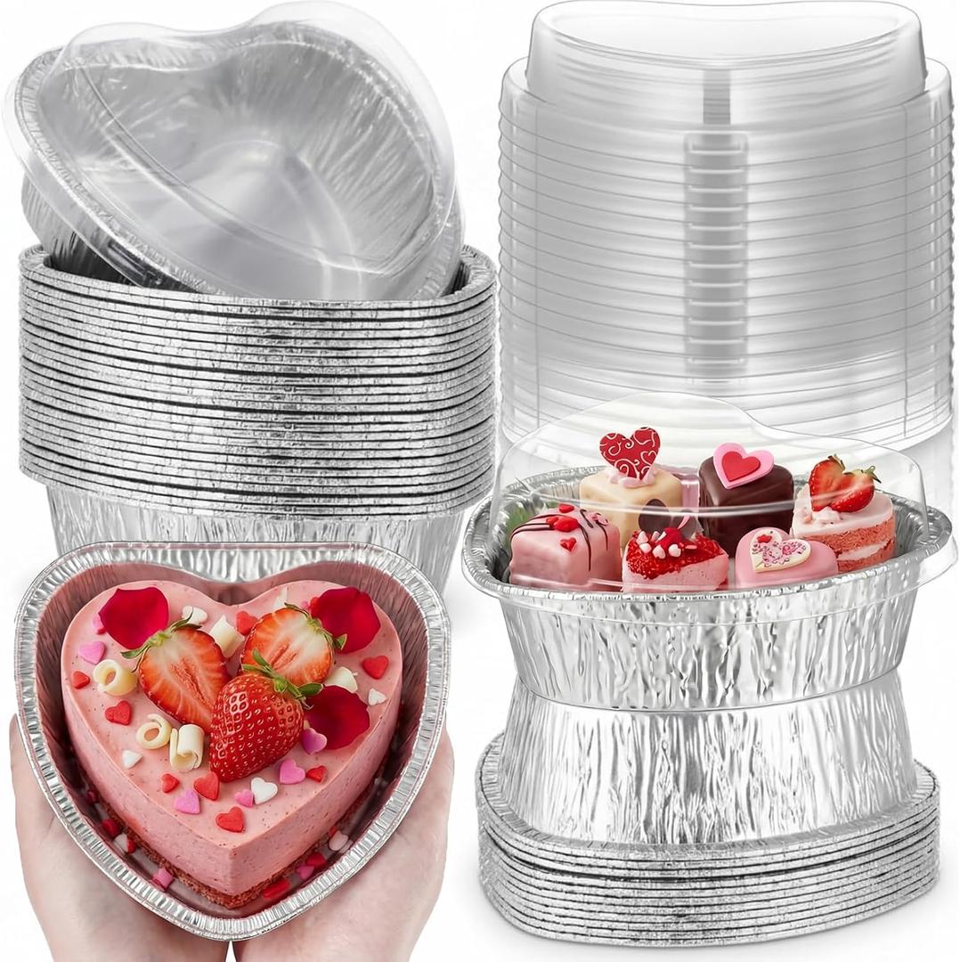 Hushee 36 Pcs 12 oz Valentine's Day Heart Shaped Cake Pan with Lid 5.5 Inch Aluminum Foil Disposable Cupcake Baking Pan Heart Food Packing Muffin Tin Liner Pudding Cooking Cup for Mother's Day
