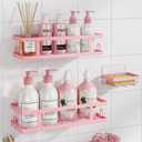 Youvip Adhesive Shower Caddy, Shower Shelves with Soap Holder and 12 Hooks,No Drilling Bathroom Organizer and Storage, Pink,3 Pack