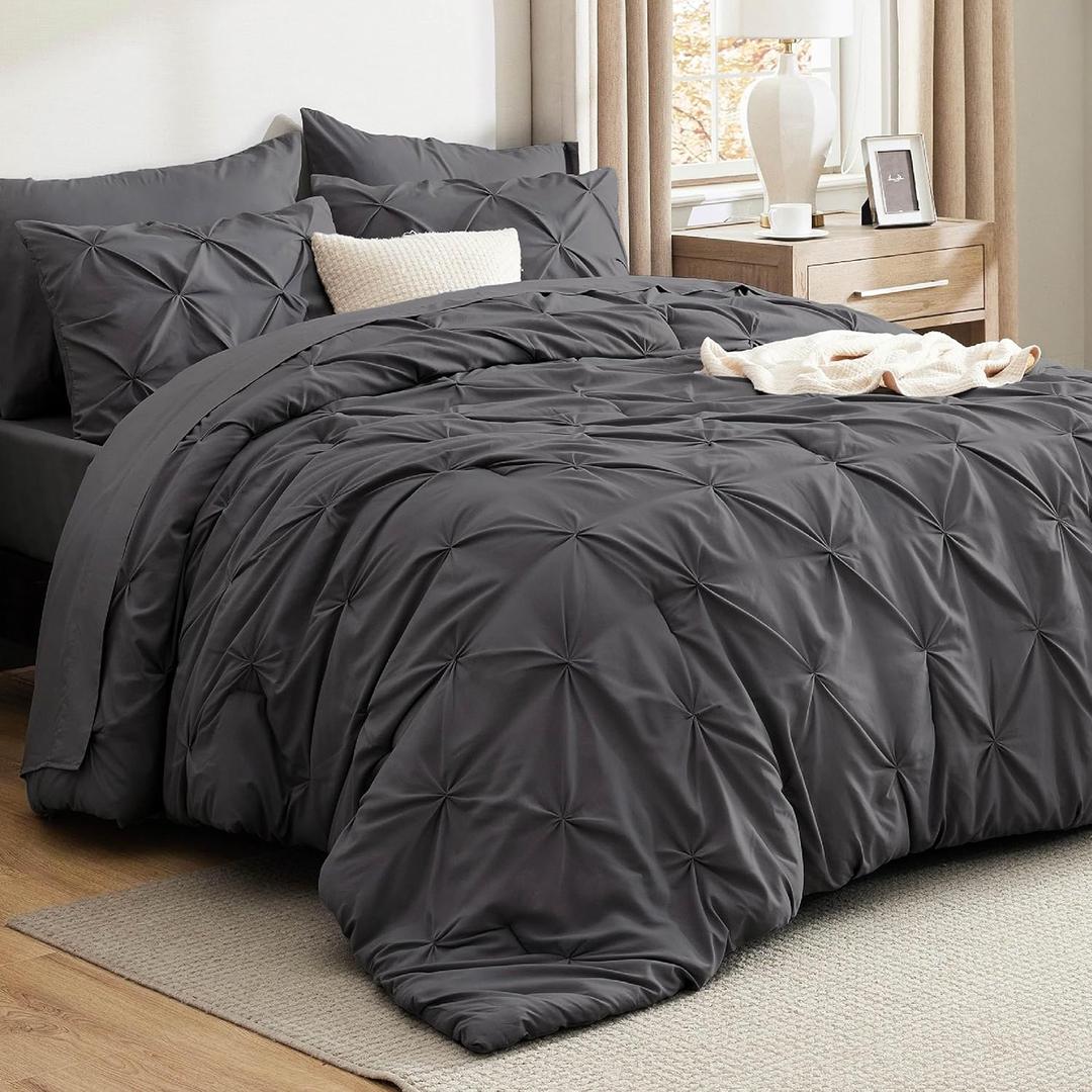 Bedsure Queen Comforter Set Dark Grey - Bed in a Bag Queen Size Bedding 7 Pieces, GentleSoft Pintuck Bed Set Gift for Family, Pinch Pleat All Season Comforter with Sheets, Pillowcases & Shams