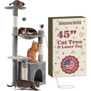 45-in Cat Tree for Indoor Cats with Built-in Laser Toy | Multi-Level Cat Tower with Plush Hammock, Cat House Scratching Posts, Cozy Condo Perch & Hanging Ball, Supports up to 22 LB, Gray