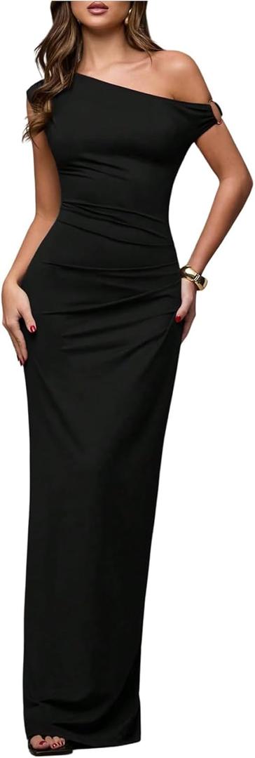 Verdusa Women's Off The Shoulder Wedding Guest Dress Asymmetrical Ruched Sleeveless Maxi Dresses (Large, Black)