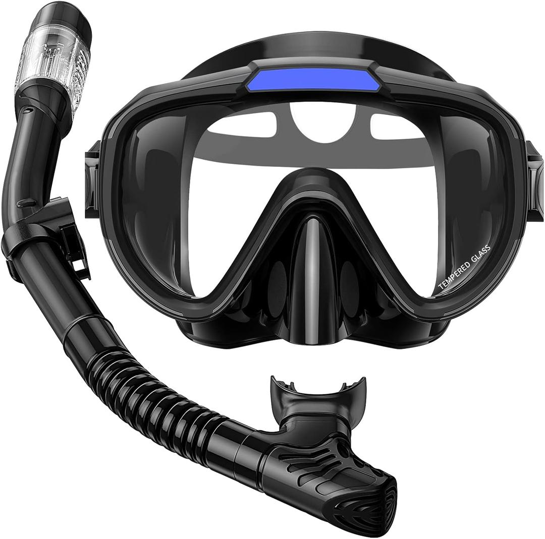 Snorkel Set Adults Snorkeling Gear Anti-Fog Panoramic View Swim Mask Dry Top Snorkel Kit with Carry Bag for Snorkeling Scuba Diving Swimming Travel (Black)