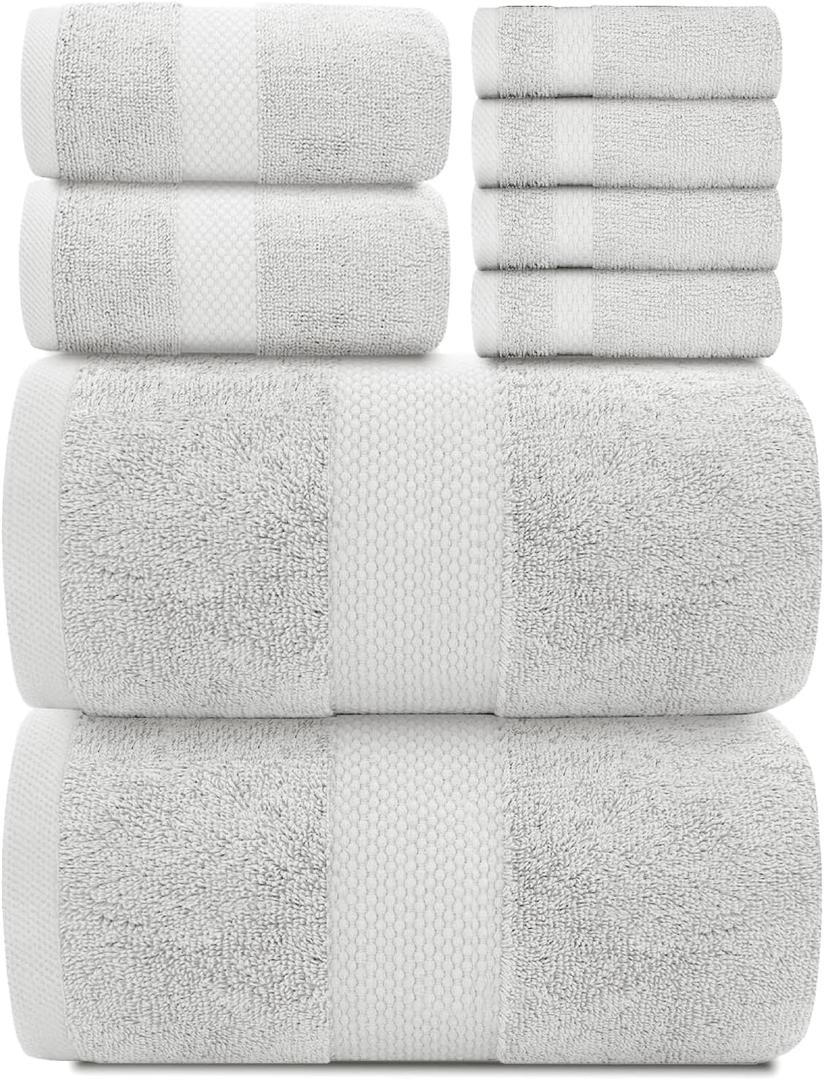 White Classic Luxury Bath Towel Set of 8 Pieces - 100% Turkish Cotton Highly Absorbent Towels for Bathroom, 2 Luxury Bath Towels 700GSM, 2 Hand Towels, 4 Washcloths, Silver