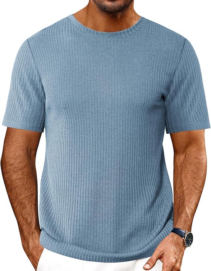 Ekouaer Men's Knit T-Shirts Short Sleeve Casual Ribbed Shirts Lightweight Crewneck Tees Stretchy Undershirts, Medium