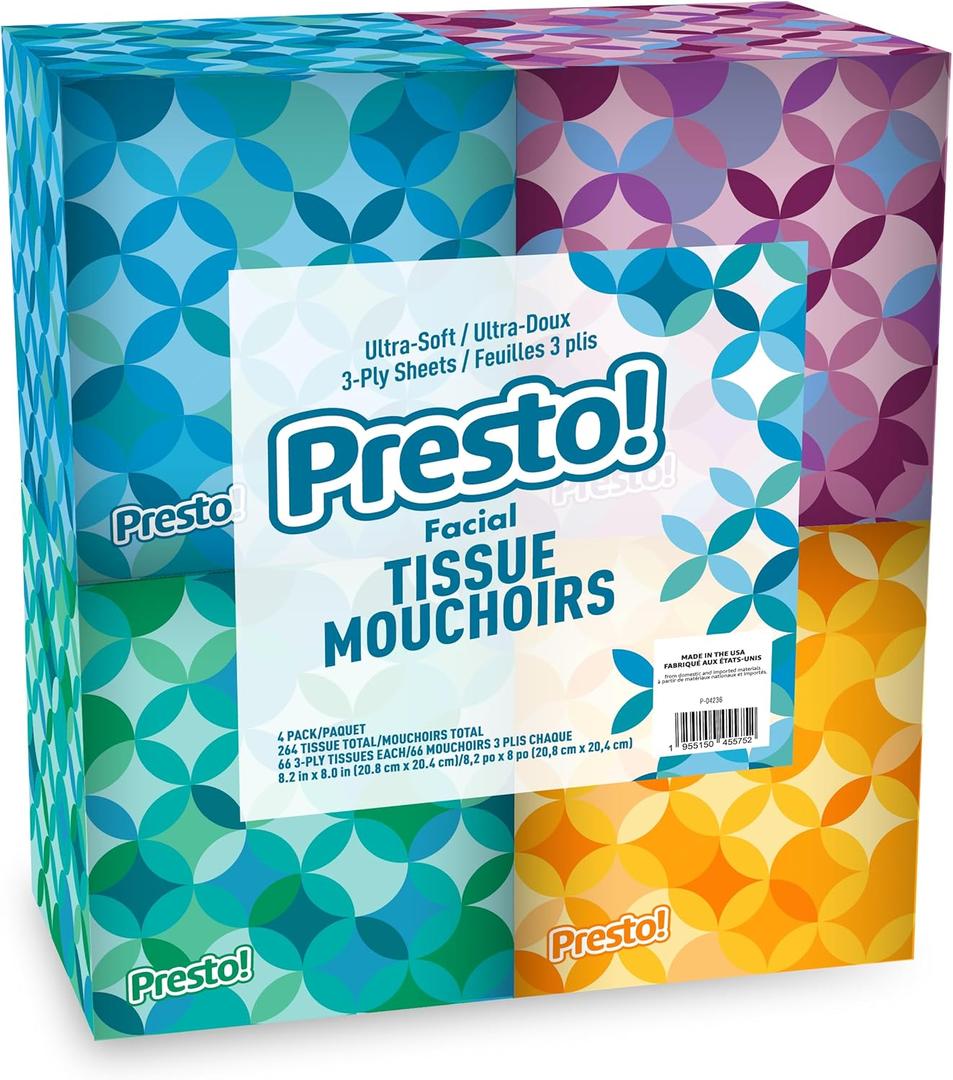 Amazon Brand - Presto! Ultra-Soft 3-Ply Premium Facial Tissues, 264 Count (4 Packs of 66), (Packaging May Vary)