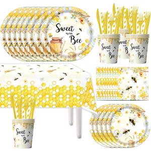 141Pcs Sweet As Can Bee Theme Party Supplies Tableware Set Bee Baby Shower Decorations for Birthday and more Serve 20 Guests