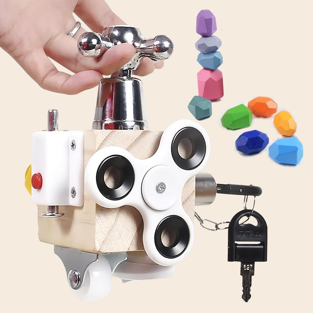 Busy Cube Montessori Lock and Key Toy Set for Toddlers Kids Sensory Wooden Activity Busy Board with 10 Sorting Stacking Rocks Stones Educational Activities Travel Toy Kids Gifts for Birthday Festivals