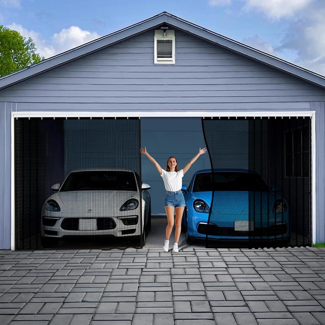 Sliding Garage Door Screen 2 Car with Track Closure,16x7Ft Garage Door Retractable Privacy Curtain Keep Annoying Animals Out Easy Install Heavy Duty Fiberglass Mesh Net for 2 Car Opening Garage