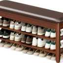 LBT Shoe Bench with Storage, Solid Rubberwood Shoe Rack Bench for Entryway, Adjustable 6.3" Shelf Fits High-Top Shoes & Boots, Hidden Storage Compartment, Cushion Seat, Stay-Open Hinge, Walnut, 39.4 inch