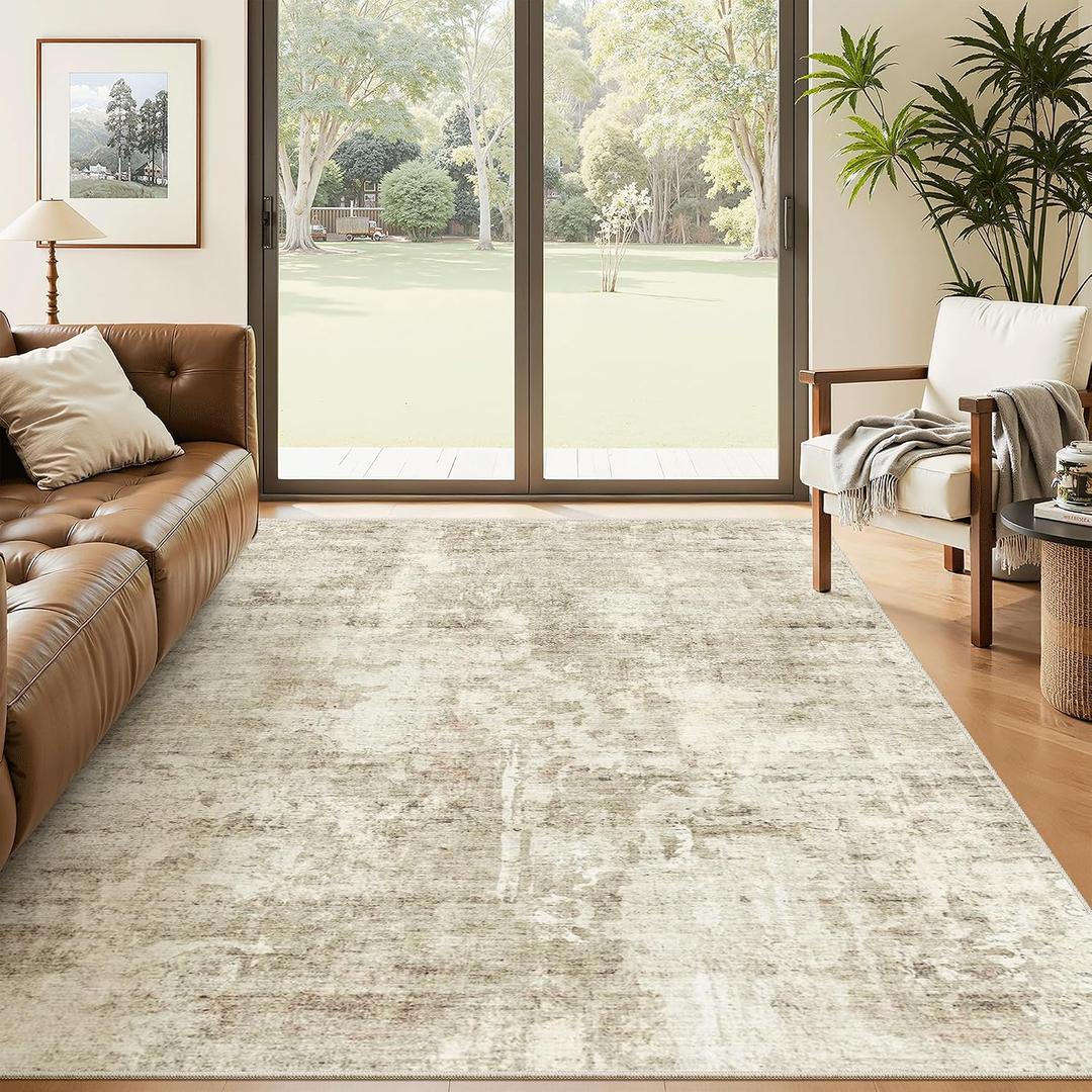Soalmost Abstract 7x9 Area Rug for Living Room Washable Rugs Beige/Gray | Non-Slip Low-Pile Carpet for Dining Bedroom, Foldable Thin Vintage Stain Resistant Floor Mat Under Table Home Office Nursery