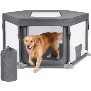 43"x43"x25" Dog Play Pen Indoor or Outdoor, Sturdy Fabric Dog Playpen for Small Dog & Cat, Puppy Playpen with Removable Cover, Heavy-Duty Dog Pen with Stainless Steel Pipe (Gray-1)