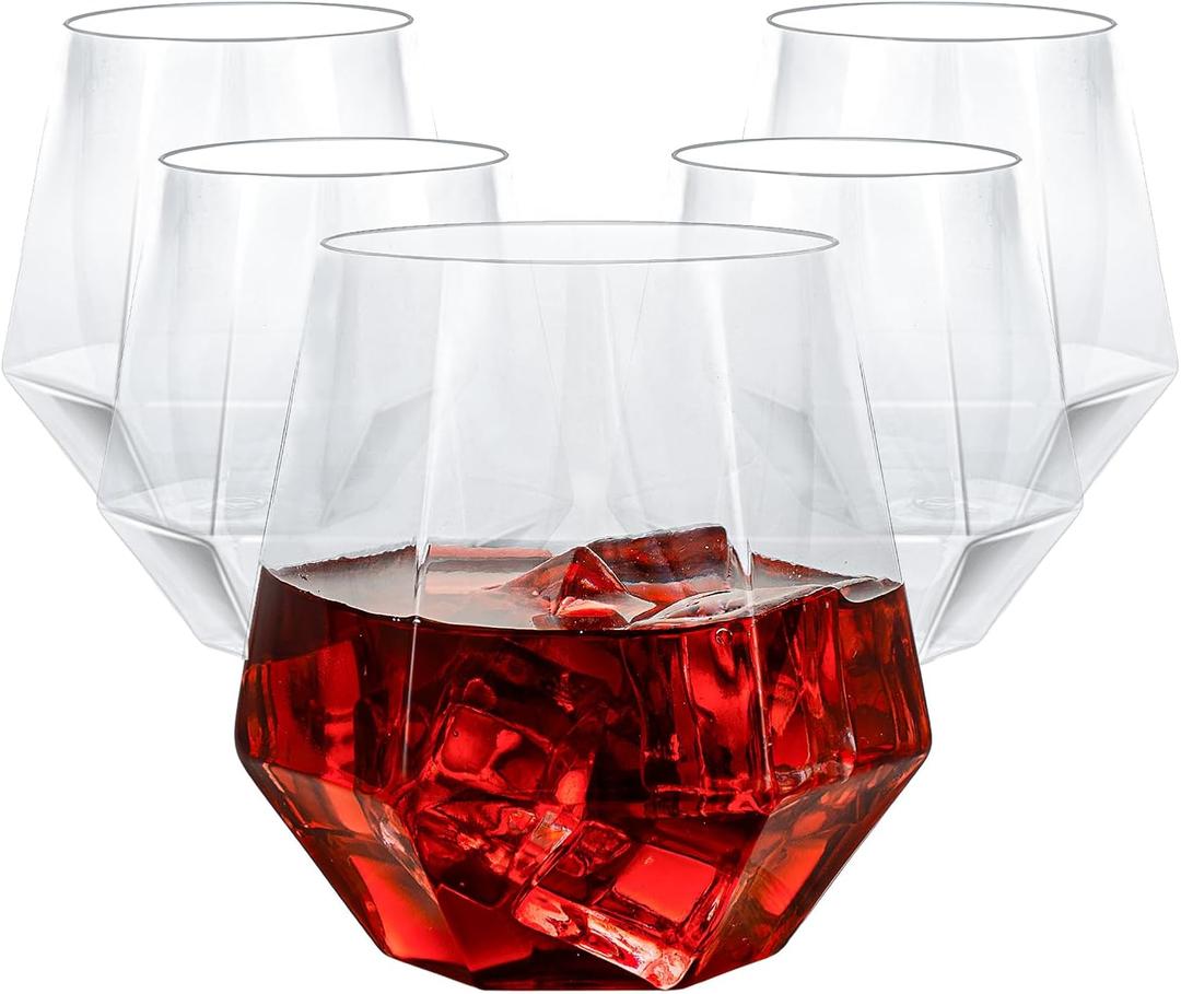 Goodluck 40 PCS Diamond Stemless Plastic Wine Whiskey Glasses, 12 Oz Disposable Cocktail Glasses, Suitable for Weddings, Birthday Parties, Family Gatherings, Bars, etc (Clear)