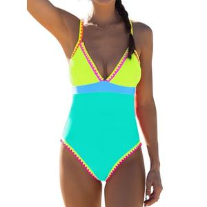 popvil Green Color Block One Piece Bathing Suit for Women V Neck Swimsuit Plunge Shell Trim Swimwear Tie Back XL