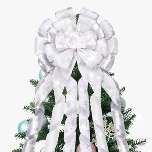 Christmas Tree Topper White - 53x13 inch White Tree Topper Bow with Streamers Silver Snowflake Tree Topper Bow Xmas Tree Home Decor