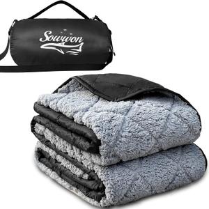 Waterproof Outdoor Blanket 82X 55 Packable, Stadium Blankets for Camping with Sherpa Fleece Lining, Large Windproof Emergency Throw for Garss Picnic Hiking Road Trip, Machine Washable, Black 300GSM