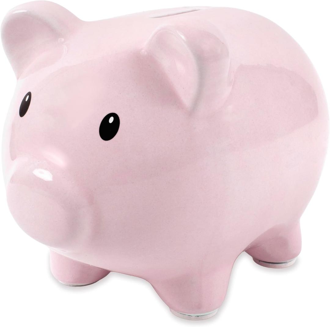 Baby Essentials Large Ceramic Piggy Bank for Boys and Girls, Kids Money and Coin Bank, Perfect Baby Nursery Dcor, Gift and Newborn Keepsake (Solid Pink)