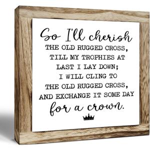Rustic Wood Sign, So I'll Cherish the Old Rugged Cross Sign, Wooden Plaques Signs Table Decor, Small Wooden Box Signs, Inspirational Desk Decorate, Spiritual Decorate, Shelf Decoration for Home Office