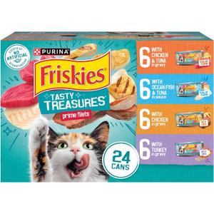 Purina Friskies Wet Cat Food Variety Pack, Tasty Treasures Prime Filets (With Chicken and Tuna, With Chicken, and With Ocean Fish and Tuna, and With Turkey) - (Pack of 24) 5.5 oz. Cans, BBD 12/2027