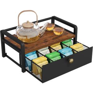YINMIT Tea Bag Organizer, Tea Bag Holder with 8-Compartment Drawer, Wood Tea Box Organizers and Storage Chest, Tea Station Organizer for Countertop Kitchen, Rustic Brown