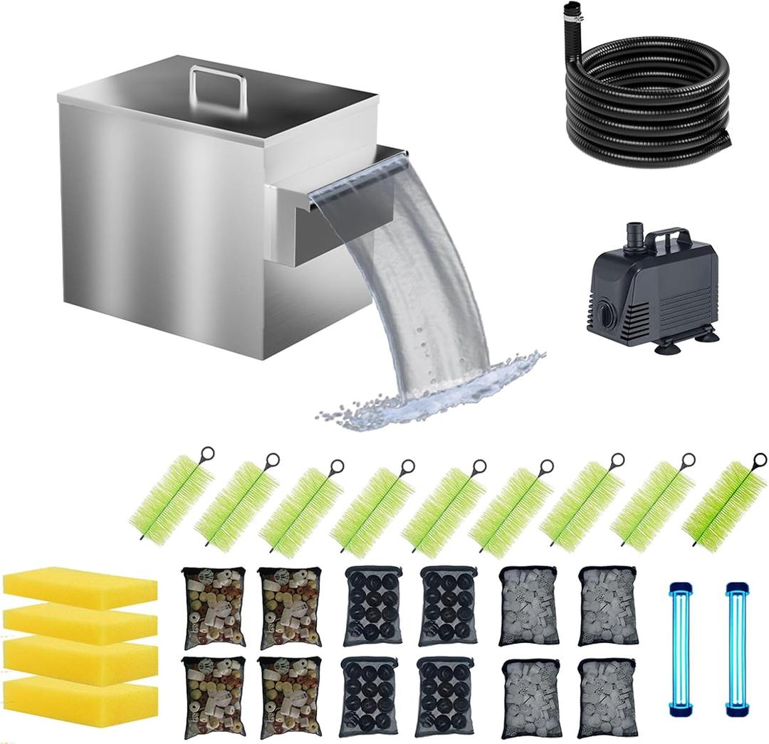 Carefree Fish Koi Pond Multi-Layer Filter Box 304 Food-Safe Stainless Steel Construction Garden Water Waterfall Filtration with Water Pump(Patent No.:US D1067273S)