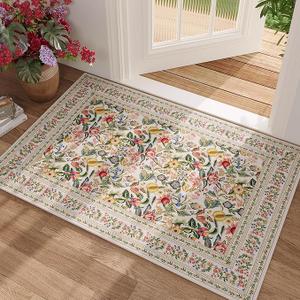 Door Mat Indoor Entrance 2x3 Rug Machine Washable Vintage Floral Small Area Rug Non-Slip Low Pile Throw Rugs for Entryway, Kitchen, Front Door Indoor Entrance, Entry, Kids Room, Beige