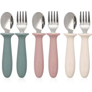 VITEVER 6 Pieces Toddler Utensils, Kids Silverware Set with Silicone Handle, Children Safe Spoons and Forks, 18/8 Stainless Steel, Food-grade Silicone - Dishwasher Safe (Red/Green/White)