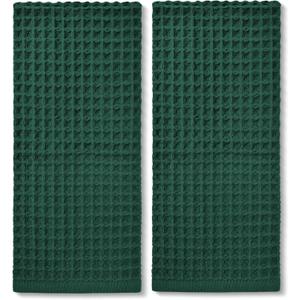 Jacquotha Waffle Hand Towels Set of 2 (Hunter-Green) Cotton, Quick Dry, Lint Free, 13 x 29, Bathroom Decor & Kitchen Towels