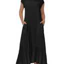 KEOMUD Women Summer Pleated Maxi Dress Casual Short Sleeve Crewneck Flowy Swing Long Dress with Pockets Black, Small