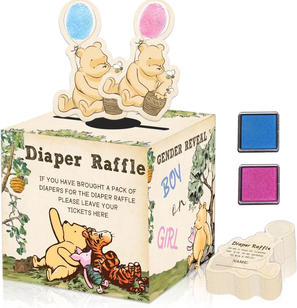 2 x Winnie Baby Shower Decorations, Pooh Diaper Raffle Box, Baby Gender Reveal Decorations, He Or She Gender Reveal with 50pcs Winnie Cards 2 Ink Pads