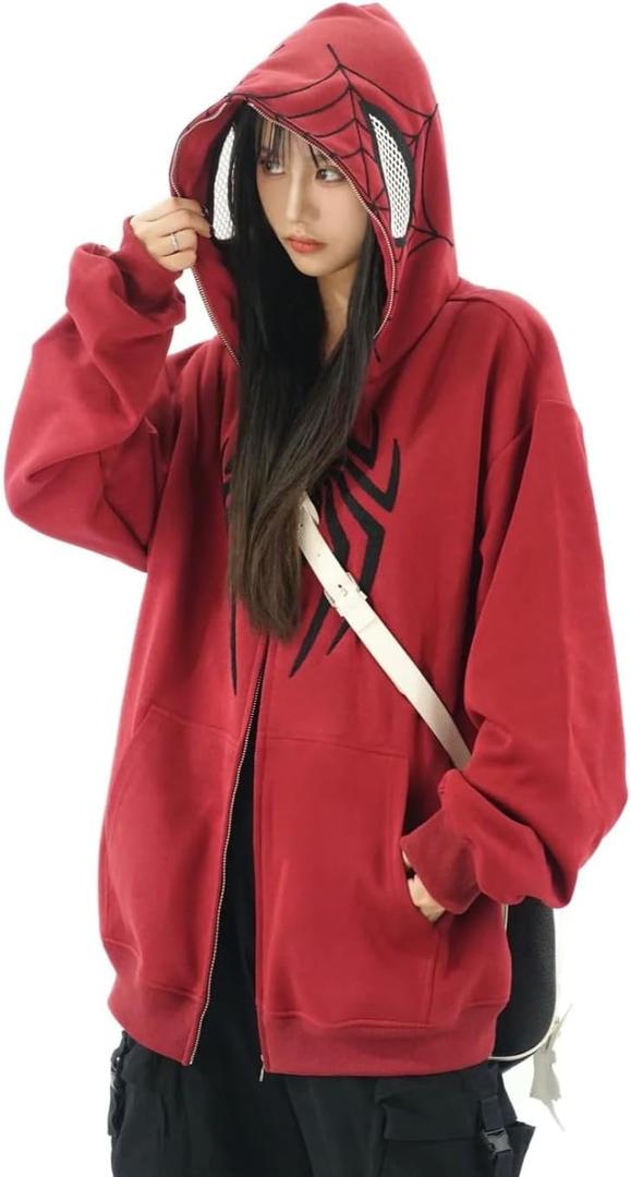 Y2K Hip Hop Spider Hoodie for Women Men Graphic Full Zip up Hoodies Oversized Kawaii Hoodies Spider Jacket (Large, Red)