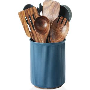 LoeJan Utensil Holder, Extra Large Utensil Crock, Stable Ceramic Utensil Organizer, Cooking Tool Organizer Set for Kitchen Counter Farmhouse Dcor, Blue