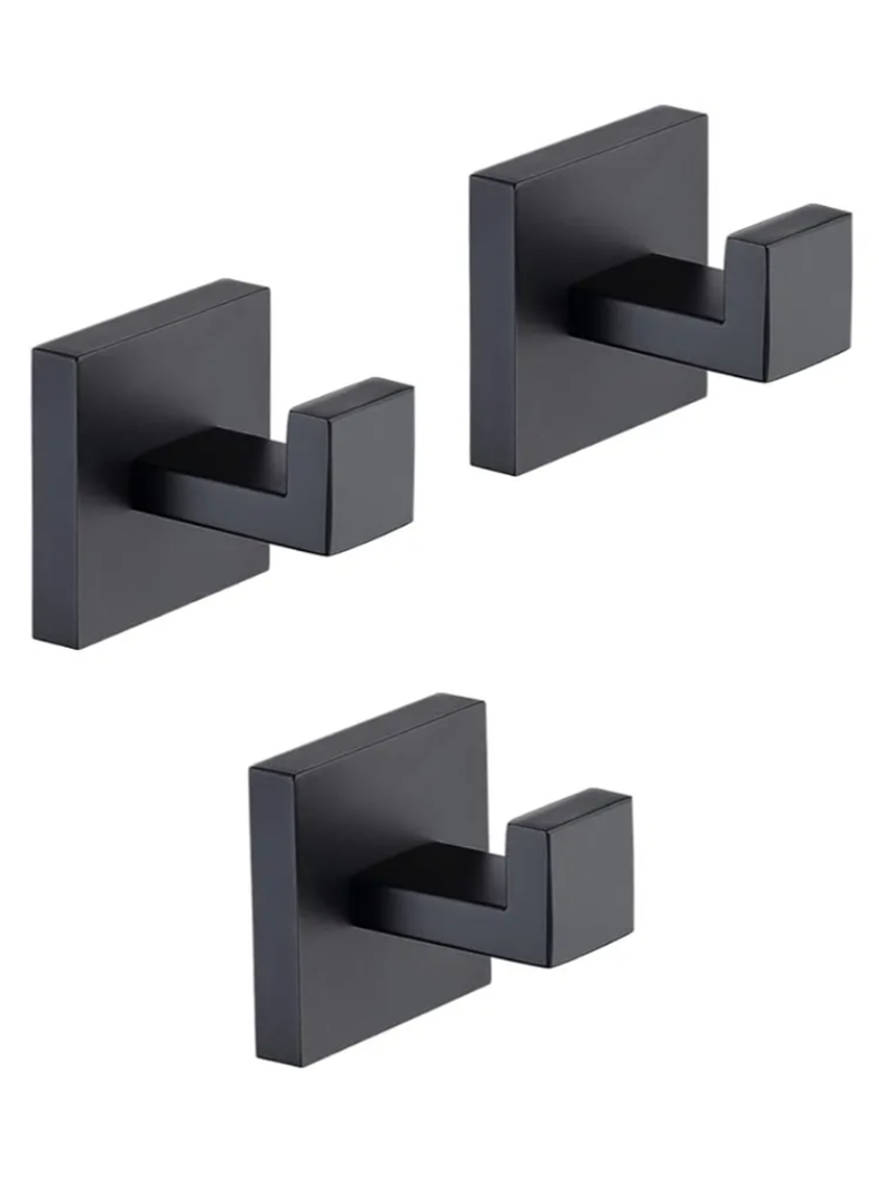 TASTOS Bath Towel Hooks Matte Black, 3 Pack Stainless Steel Robe Coat and Clothes Hook, Heavy Duty Wall Hook for Bathroom & Kitchen, Modern Square Style Wall Mounted
