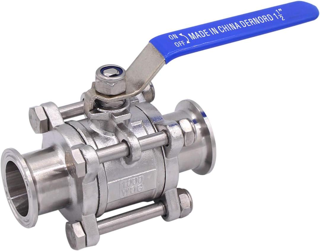 DERNORD 1.5" Sanitary Ball Valve Fits 1.5" Tri-Clamp Clover Stainless Steel 304, PTFE Lined, Two Way & Three Piece (1.5 Inch Tube OD Quick Clamp)