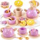 BUYGER Kids Wooden Tea Party Set for Little Girls Toddler Pretend Play Food Kitchen Accessories Princess Birthday Gifts for Ages 3 4 5 Years Old