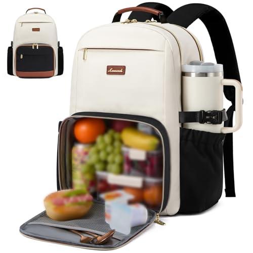LOVEVOOK Lunch Backpack with Lunch Compartment,17 Inch Laptop Work Travel Insulated Cooler Backpack,Waterproof College Teacher Lunch Bag Box with Tumbler Holder,Gifts for Men Women,Beige-Black-Brown