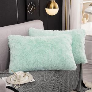 WERDIM Shaggy Fluffy Faux Fur Pillowcases 2 Pack Button Closure Velvet Pillow Shams King Size (Aqua, 20 X 36 Inches)