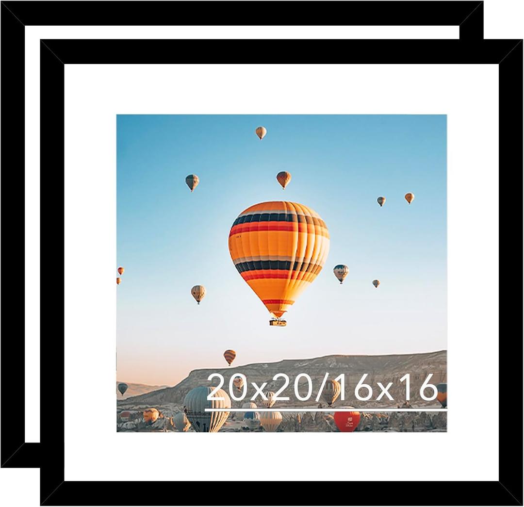 JCJMY 20x20 Picture Frame Set of 2 Black with 16x16 Mat, Display Photo 16x16 with Mat or 20 x 20 Without Mat, Wall Hanging Large 20x20 Poster Frame with Shatter Resistant Plexiglass, 2 Pack, Black