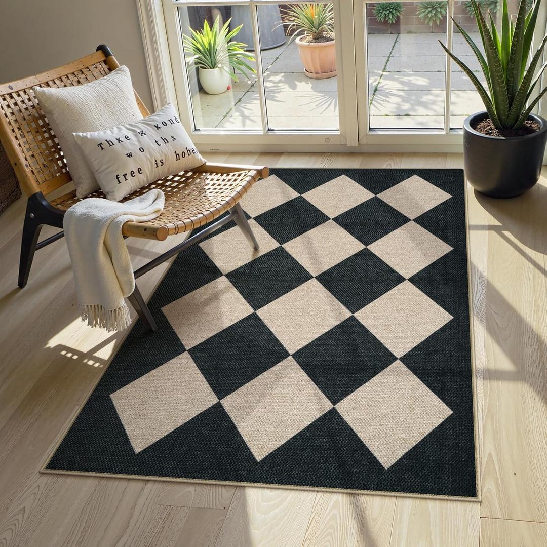 Collive Checkered Easy Jute Outdoor Area Rugs, 3 x 5 Black Washable Rug for Entryway Indoor Non Slip Front Door Mat Kitchen Carpet Modern Geometric Throw Mat for Porch Patio Backyard (Nature/Checkerboard)
