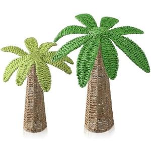 Roowest 2 Pcs Weave Palm Tree Tabletop Decor, 9.8" & 7" Woven Rattan Palm Trees Tropical Centerpieces for Summer Beach Party Hawaiian Luau Boho Coastal Wedding Island Home Decoration (Green)