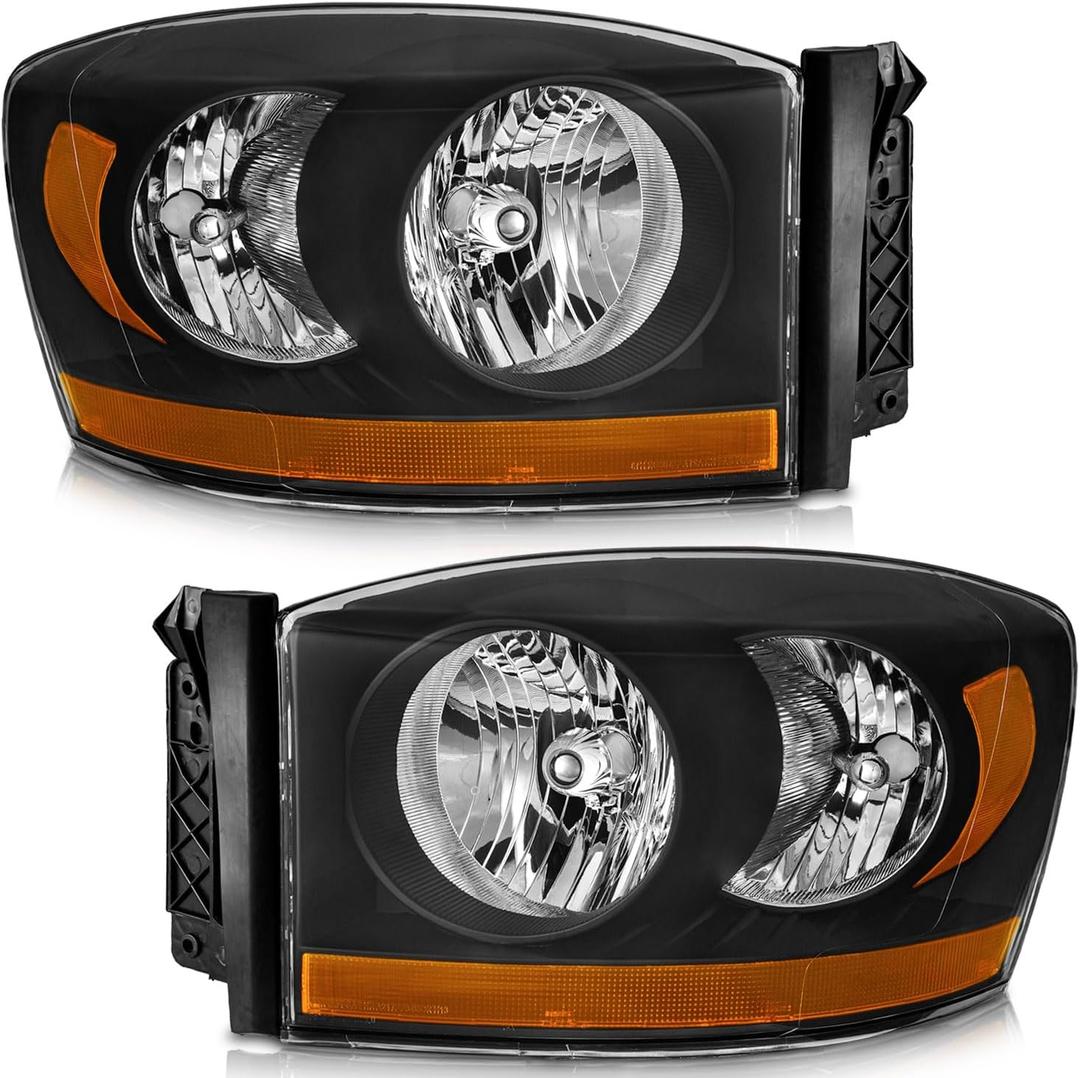 Black Headlights with Amber Bottom for 2006-2008 Ram 1500-3500