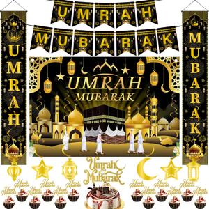 Umrah Mubarak Decorations Ramadan Banner - 25 Pcs Black Gold Hajj Ramadan Decor door Banner Backdrop hanging Swirls Cake Cupcake Toppers For Lslamic Muslim Al Fitr Eid Party Favors