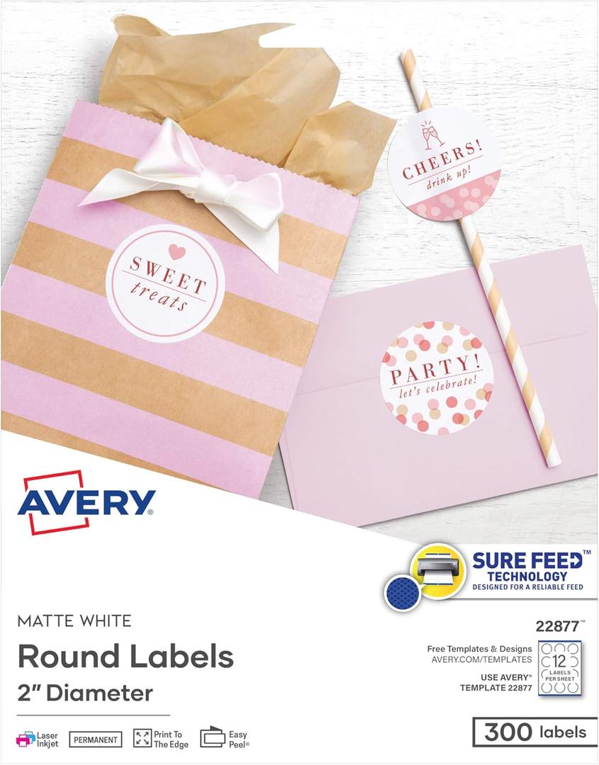 Avery Printable Round Labels with Sure Feed, 2" Diameter, Matte White, 300 Customizable Labels (22877) (8.5" x 11")